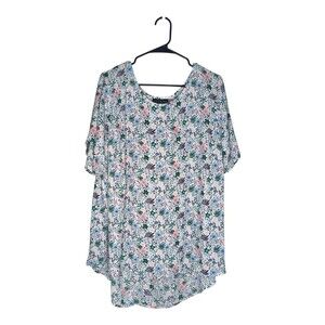 PREMISE WOMAN Casual Comfort Women's 2X White Floral Scoop Neck Short Sleeve Top